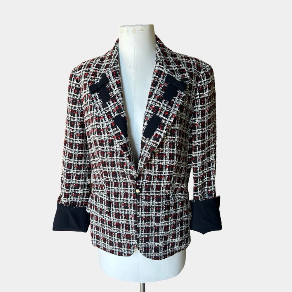 Escada Tweed Blazer Jacket Women's 44 Black Red White Bouclé Preppy Quiet Luxury